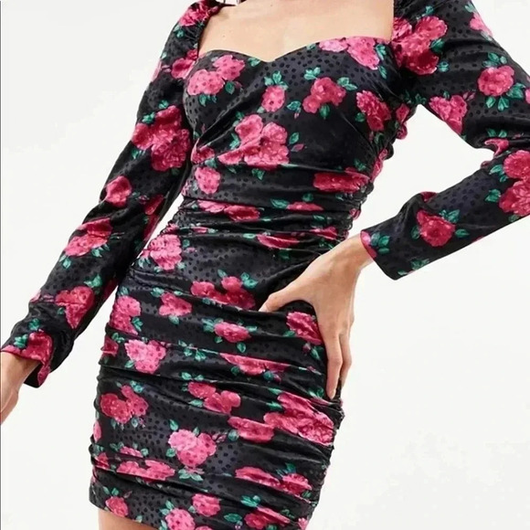 NWT Ronny Kobo Nora Dress S Black Pink Floral Silk Blend Ruched Bodycon Mini - Picture 1 of 15